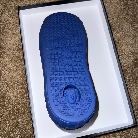 Versace Vitello+Nastro Greca Leather Sneaker in Sapphire+Neon Green Size 44
